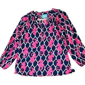 Escapada‎ Beach Womens Smocked Neck Tunic Blouse Travel Seahorse Blue Pink Sz M